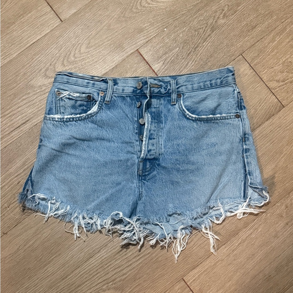 Agolde Blue Frayed Jean Shorts